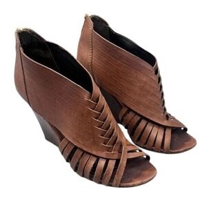 Brown Leather Wedge Heel Open Toe Strappy Ankle Booties Women's‎ Shoes